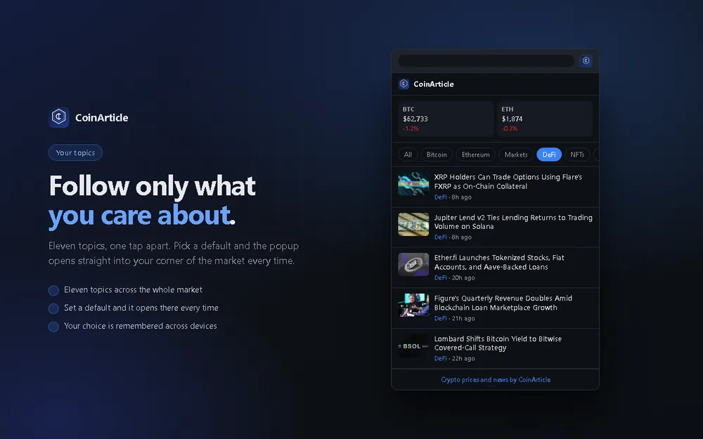 The extension popup filtered to DeFi stories using the category chips